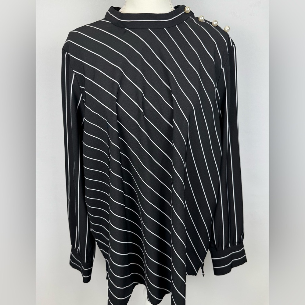 Eloquii Tunic Blouse Black White Stripes Pearl Button Detail Size 20 office